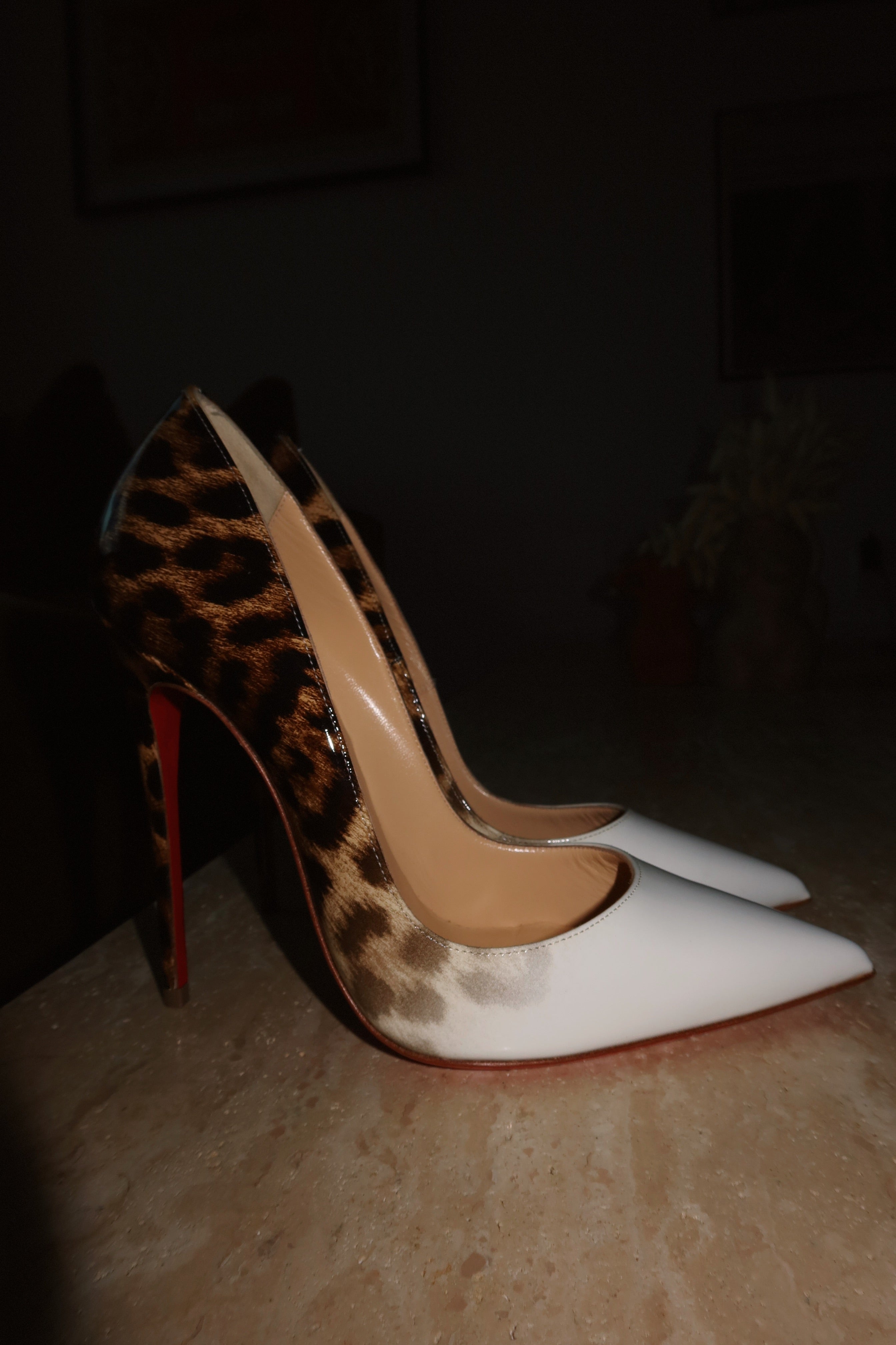Christian Louboutin So Kate 120 White Leather Leopard Calf Hair Red Sole Pumps