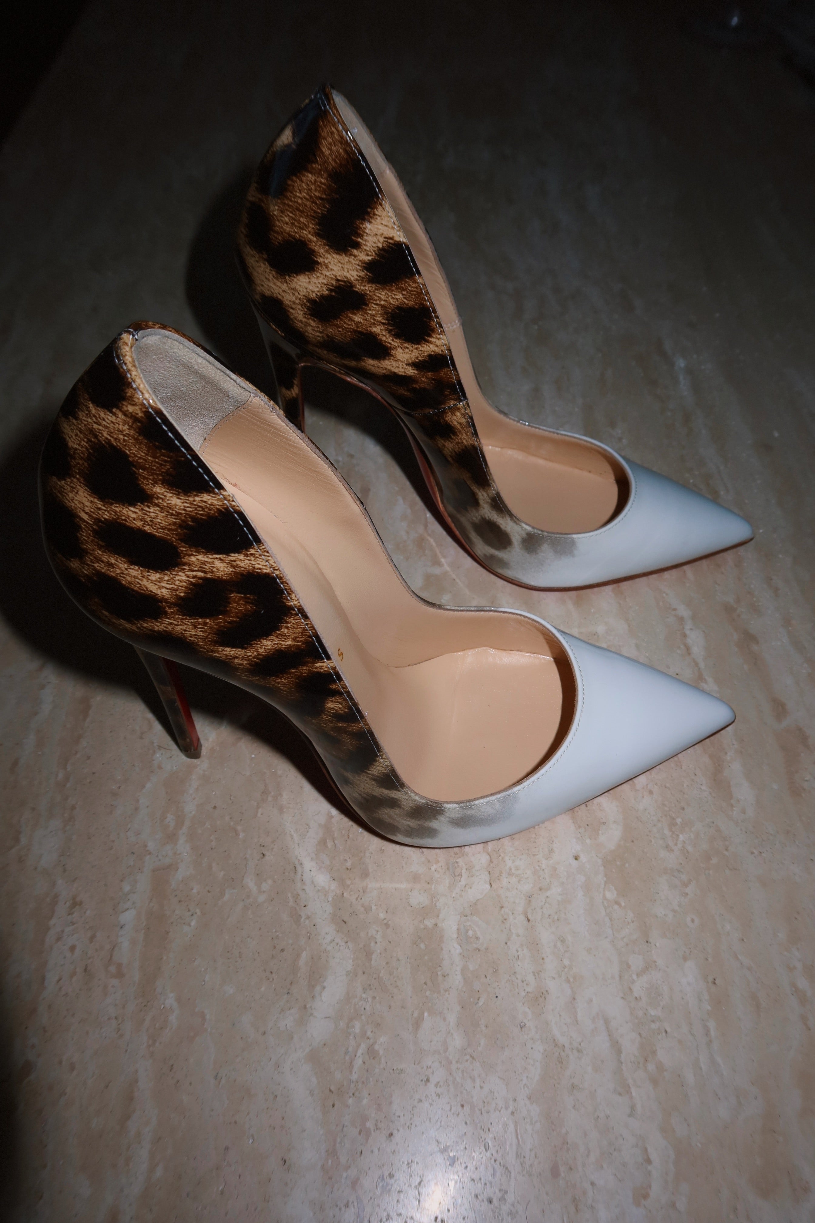 Christian Louboutin So Kate 120 White Leather Leopard Calf Hair Red Sole Pumps