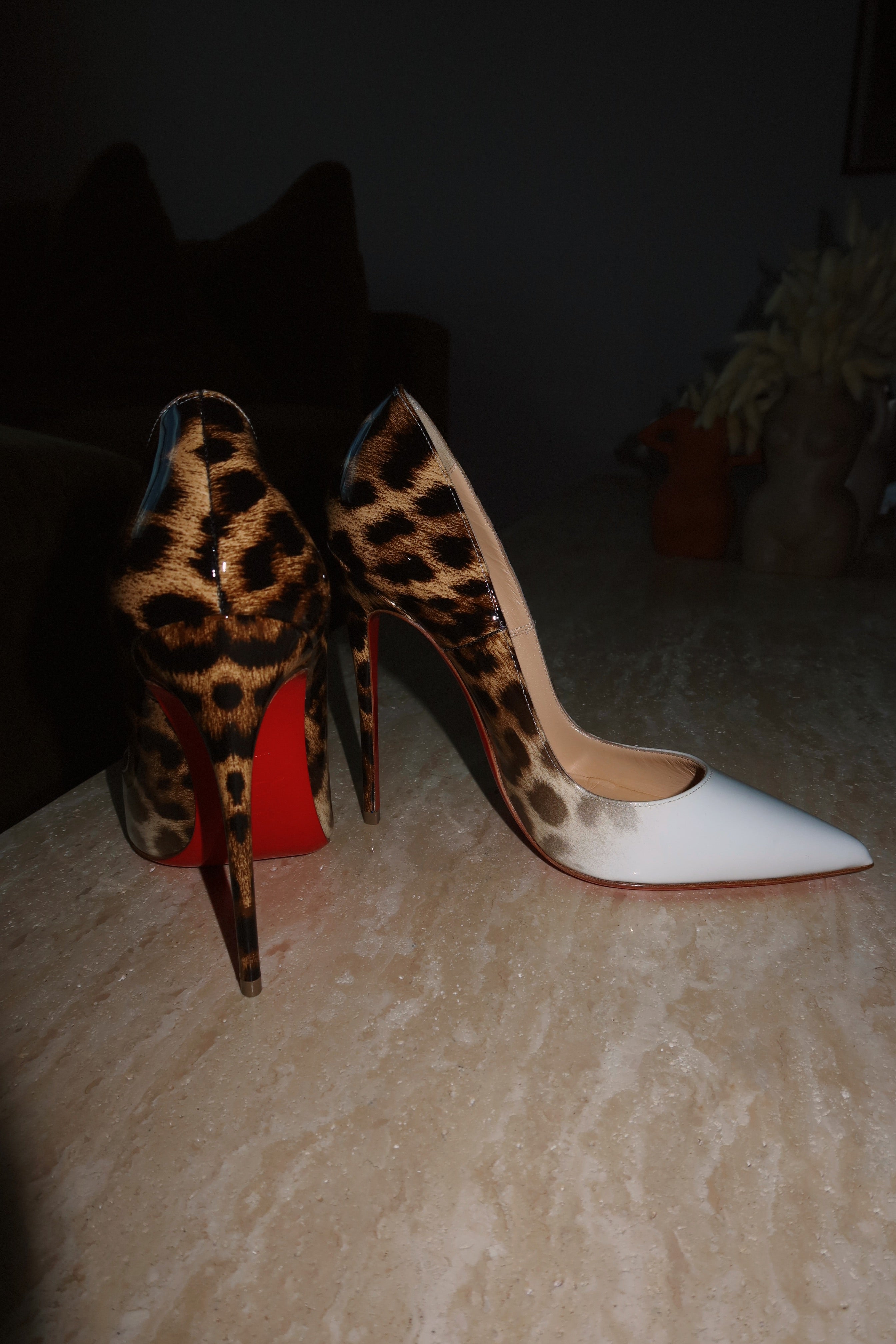 Christian Louboutin So Kate 120 White Leather Leopard Calf Hair Red Sole Pumps