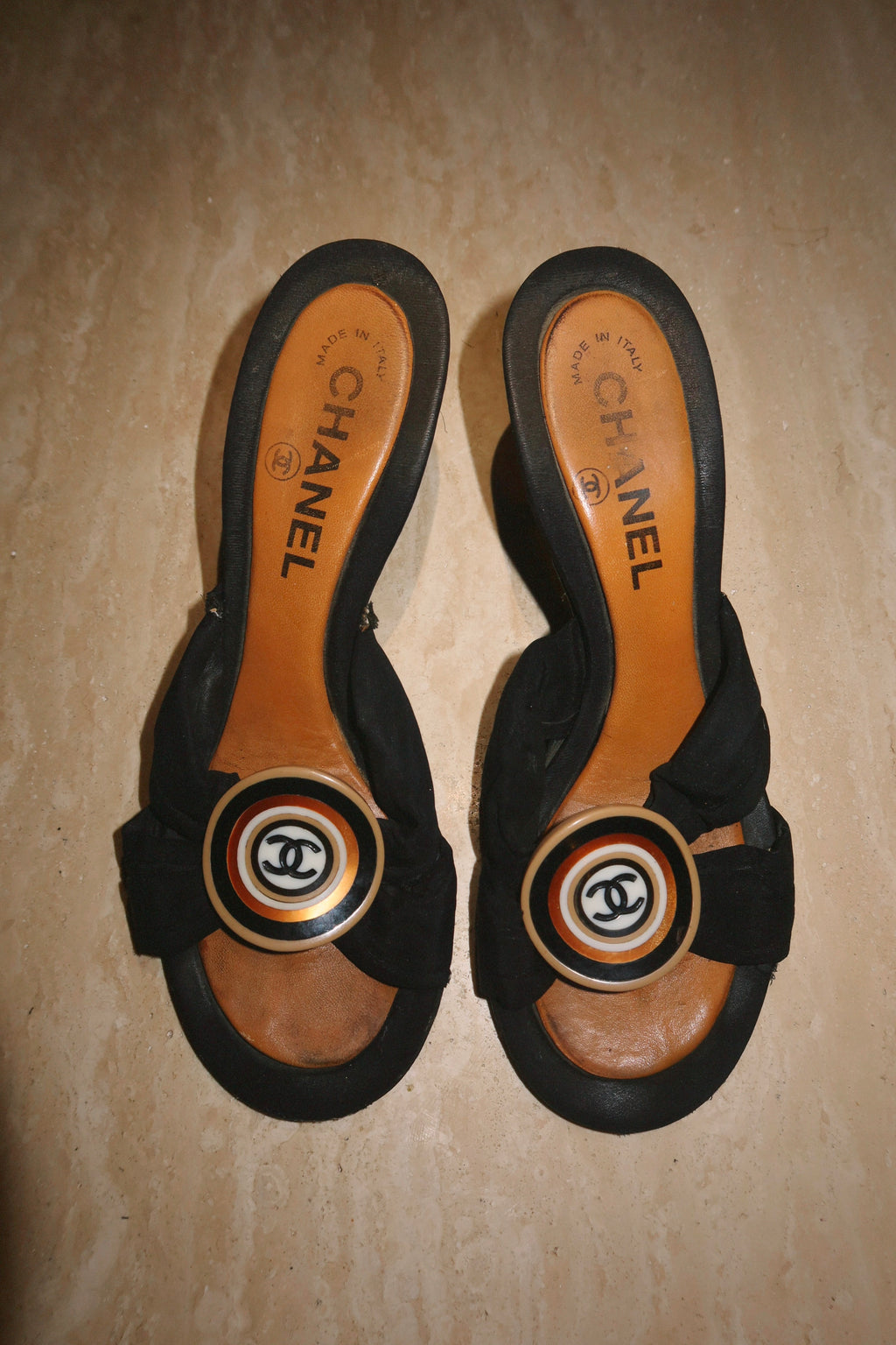 Chanel 2002 Cruise 02C CC Medallion Mule Heels | Vintage Y2K Karl Lagerfeld Era Sandals