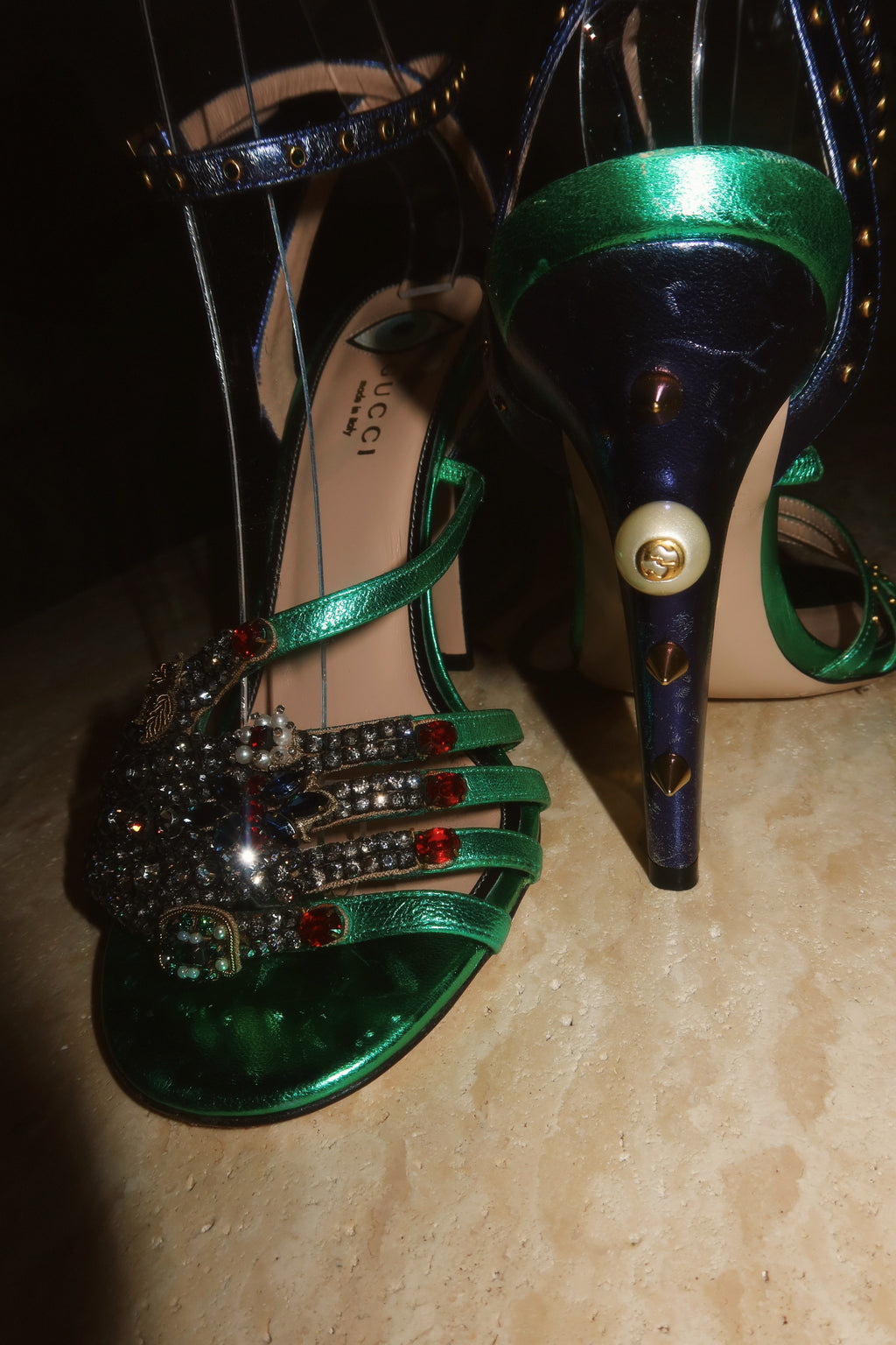 Gucci "Wangy" Alessandro Michele Surrealist “Eye” Crystal  Satin Sandals Rare