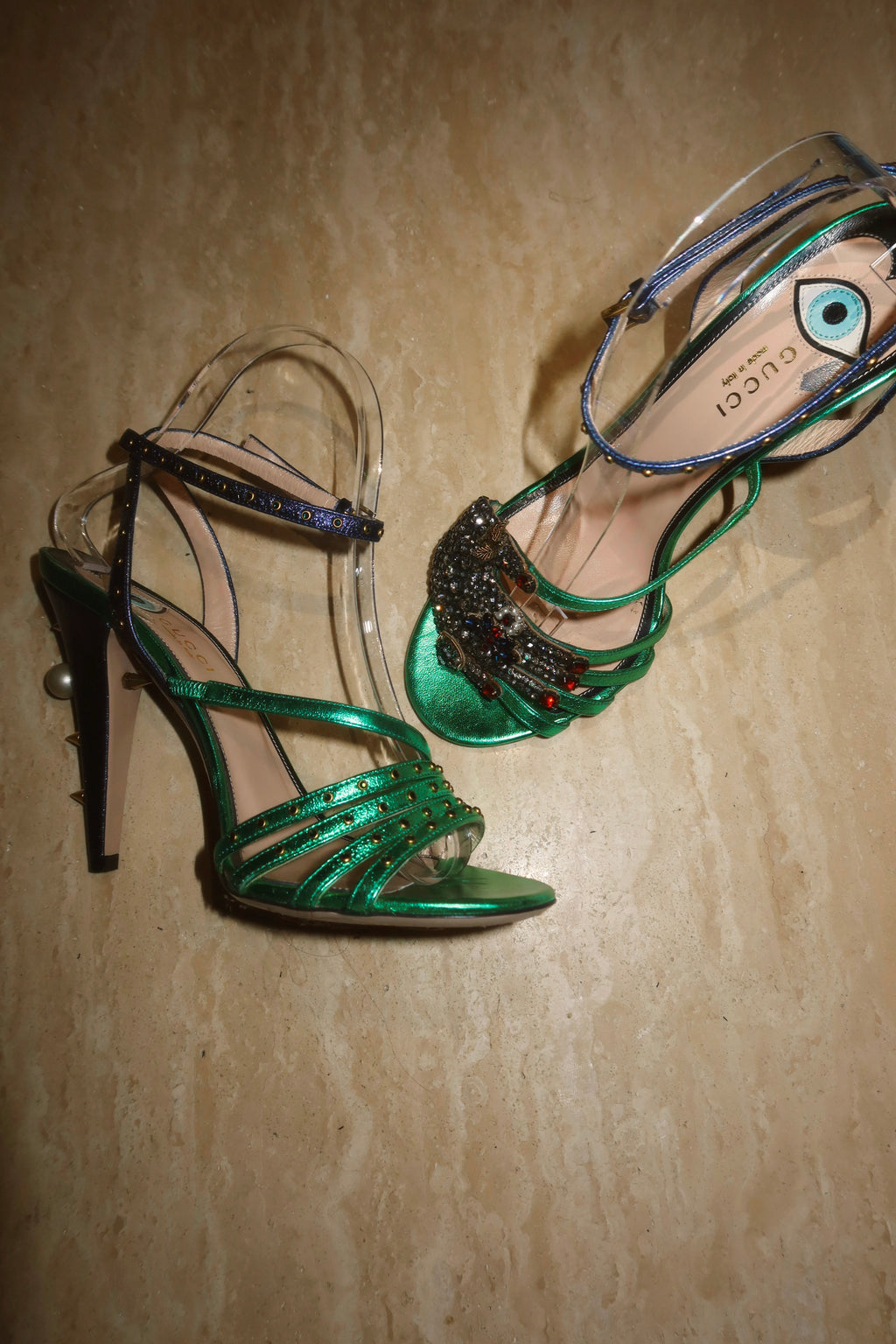 Gucci "Wangy" Alessandro Michele Surrealist “Eye” Crystal  Satin Sandals Rare