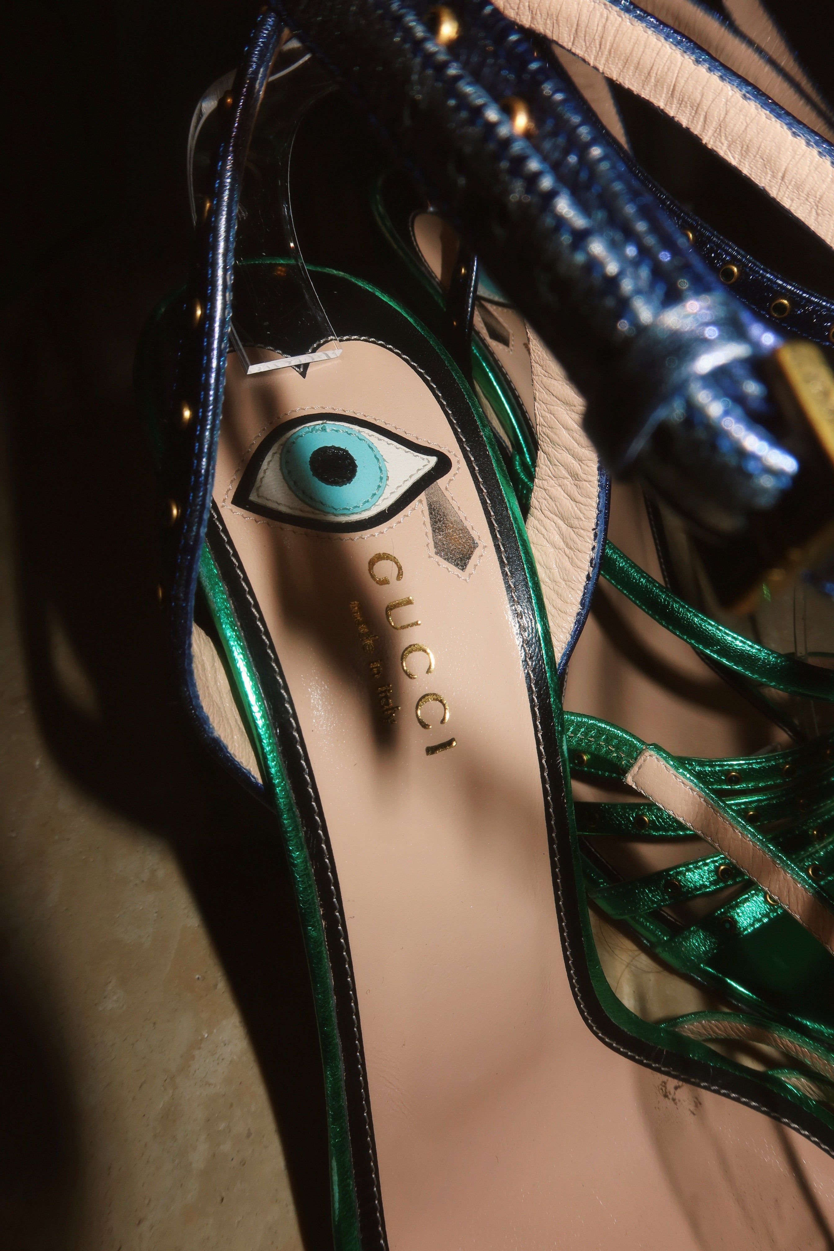 Gucci "Wangy" Alessandro Michele Surrealist “Eye” Crystal  Satin Sandals Rare