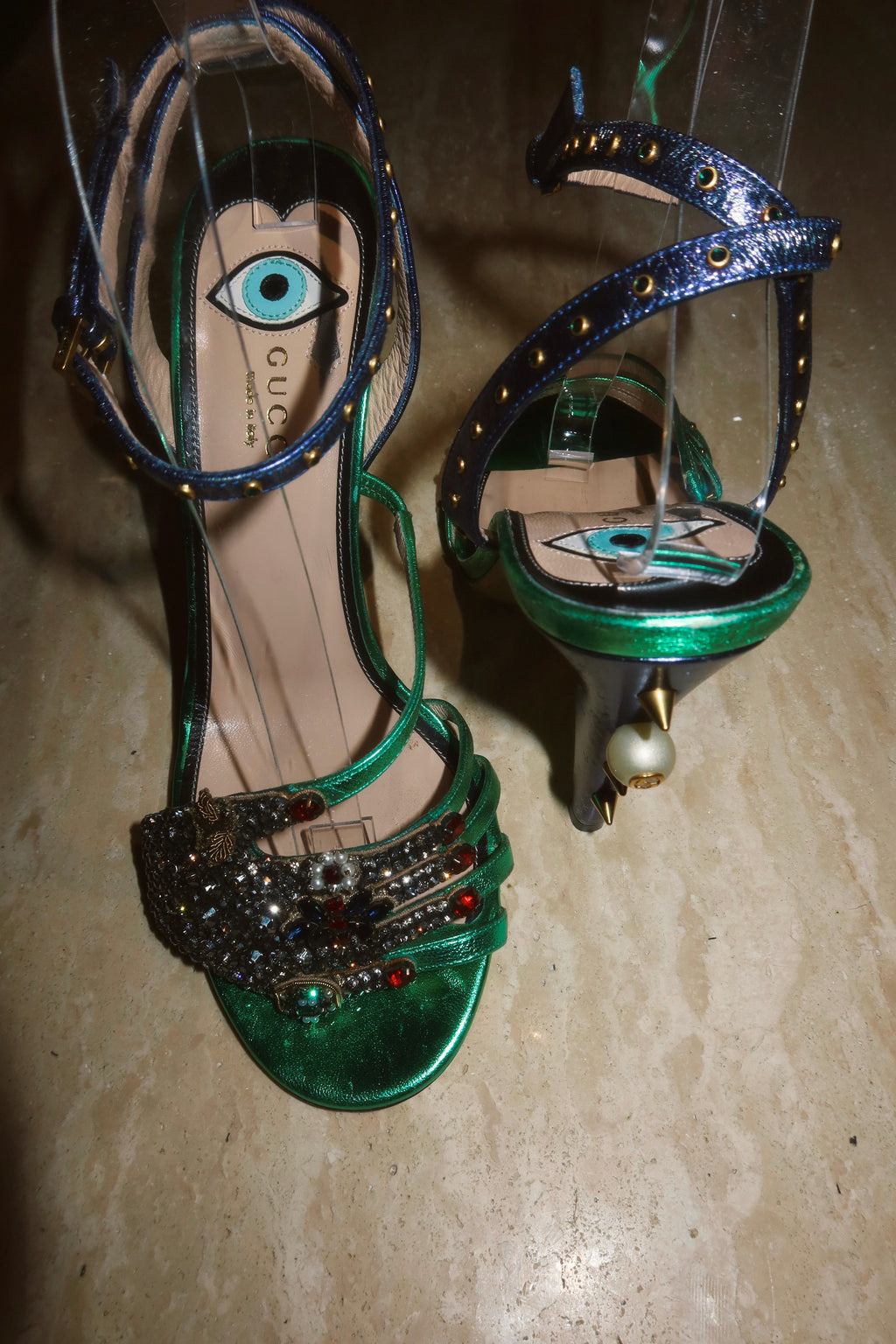 Gucci "Wangy" Alessandro Michele Surrealist “Eye” Crystal  Satin Sandals Rare