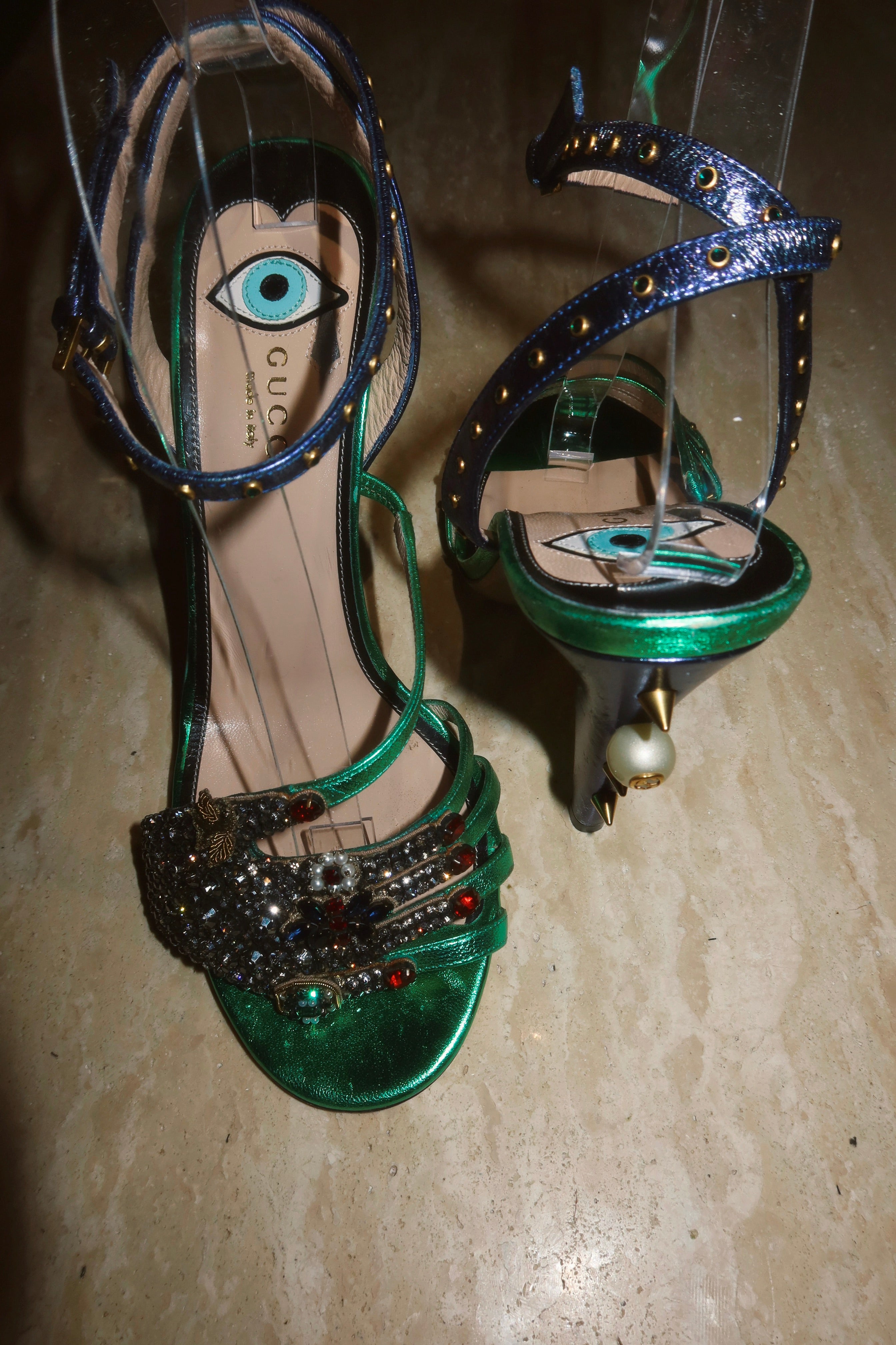 Gucci "Wangy" Alessandro Michele Surrealist “Eye” Crystal  Satin Sandals Rare