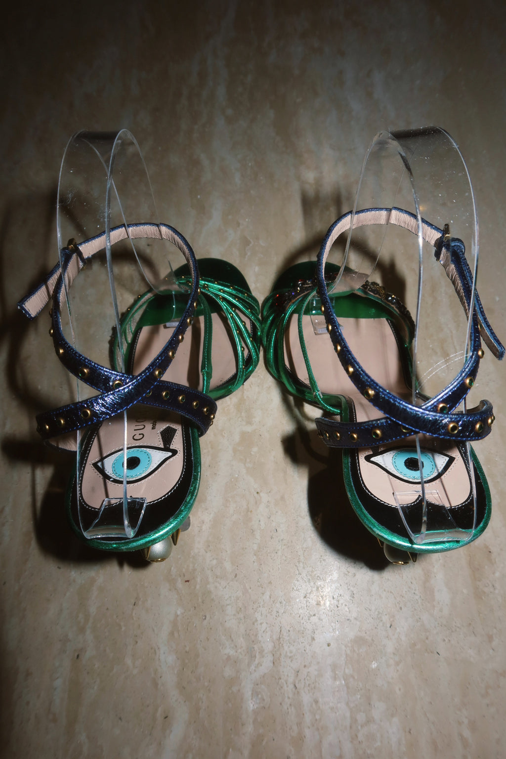 Gucci "Wangy" Alessandro Michele Surrealist “Eye” Crystal  Satin Sandals Rare