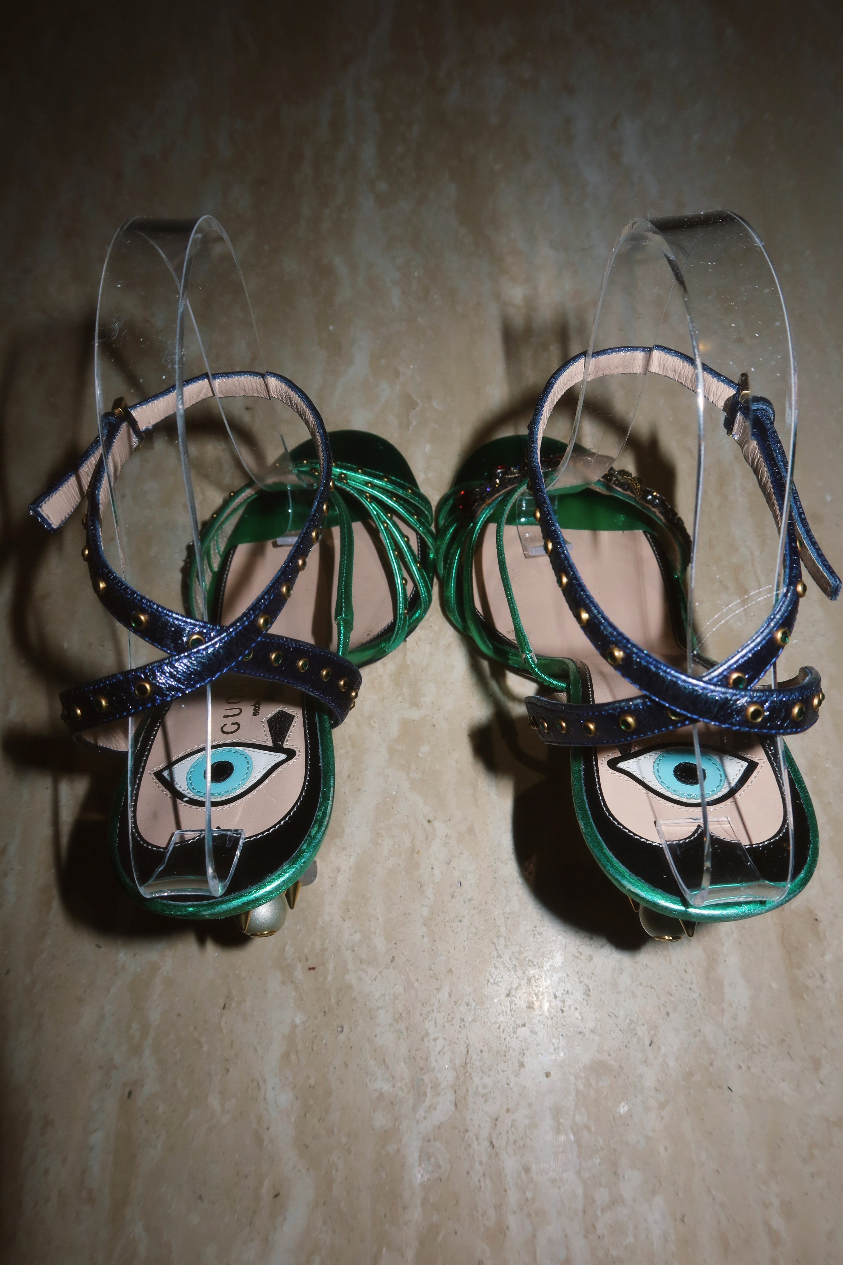 Gucci "Wangy" Alessandro Michele Surrealist “Eye” Crystal  Satin Sandals Rare
