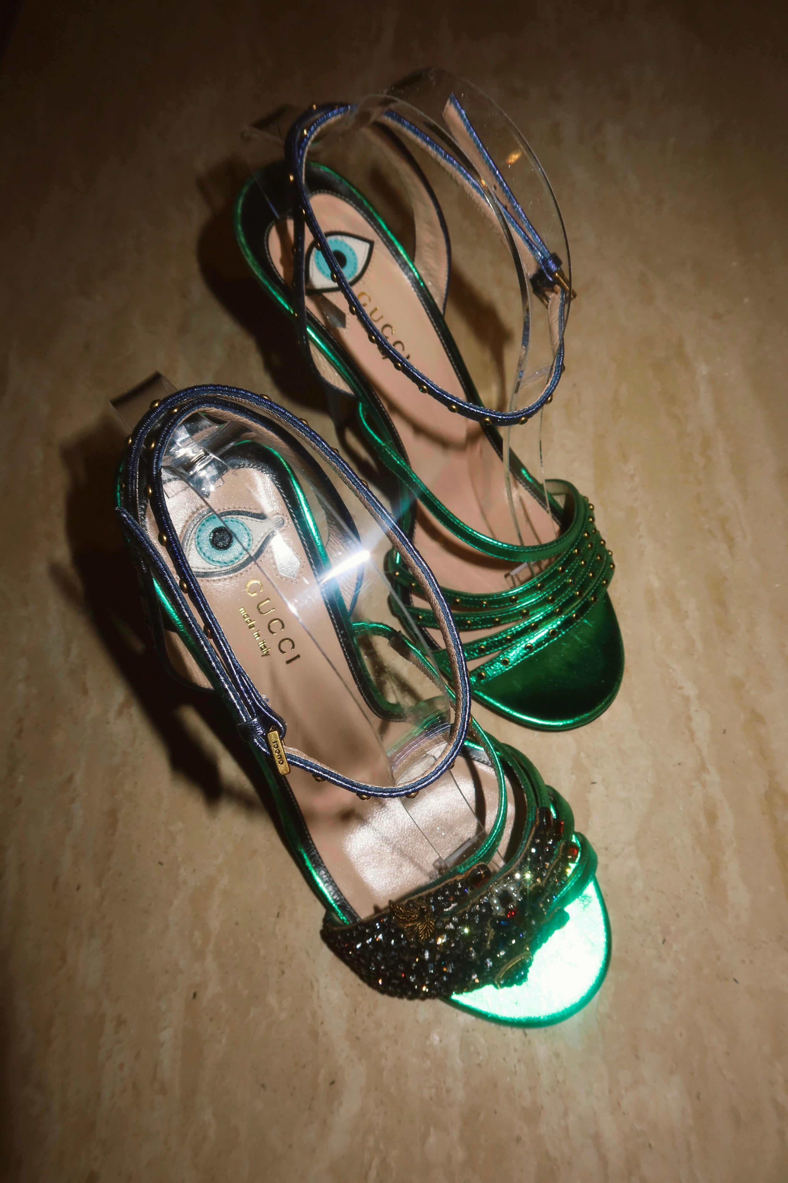 Gucci "Wangy" Alessandro Michele Surrealist “Eye” Crystal  Satin Sandals Rare