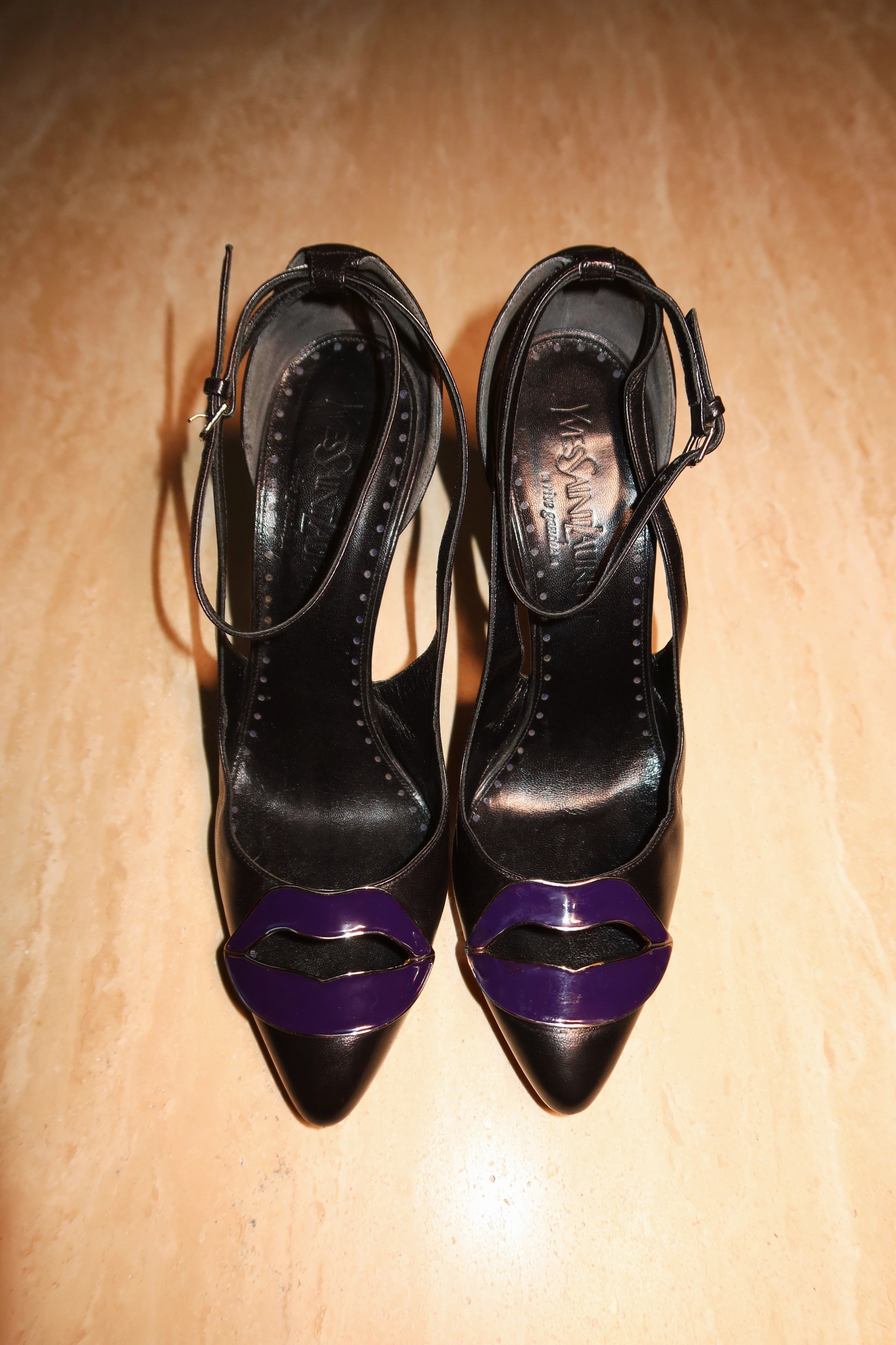 Vintage Yves Saint Laurent Tom Ford Era Black Leather Ankle Strap Lip Heels