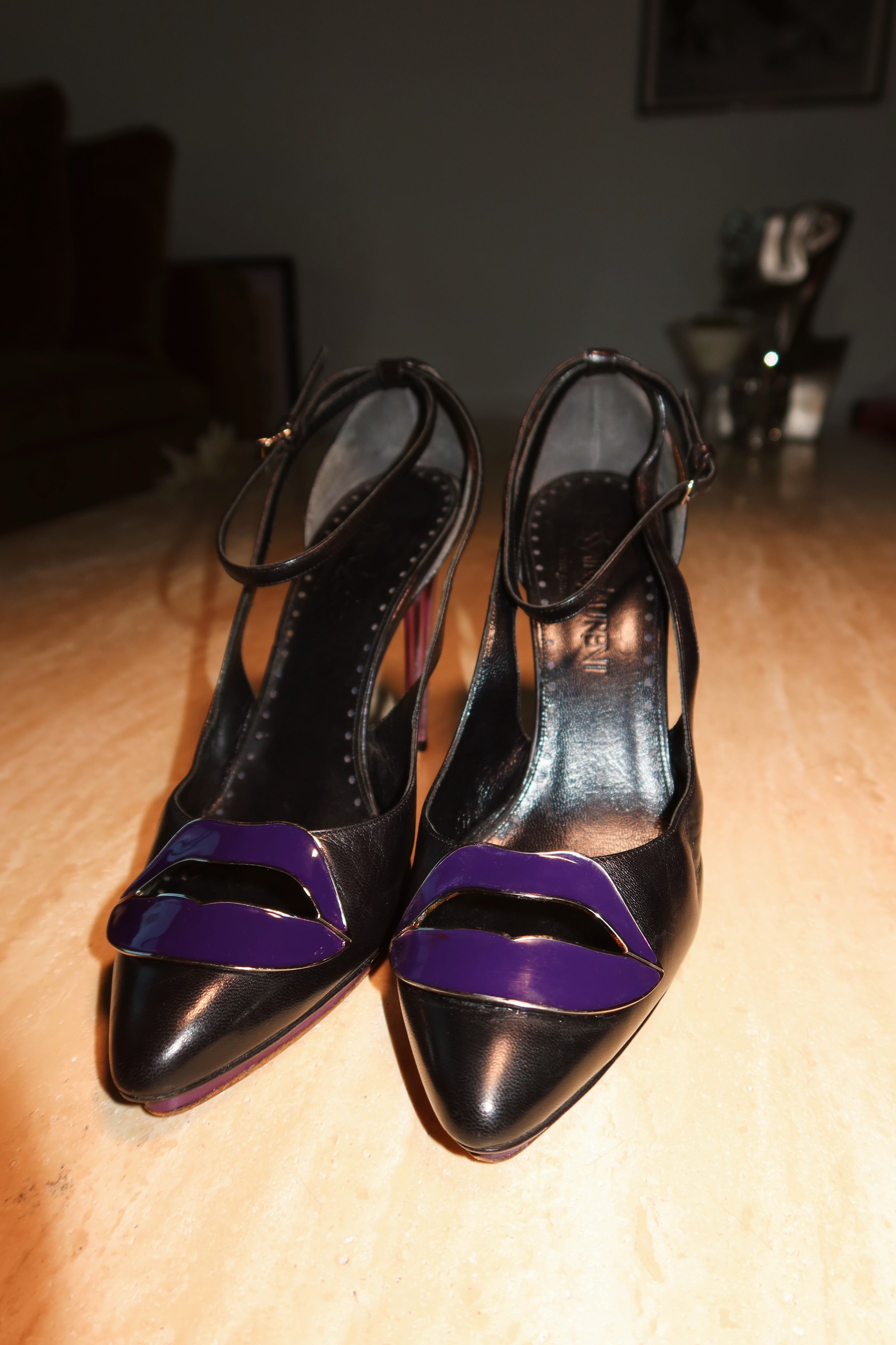 Vintage Yves Saint Laurent Tom Ford Era Black Leather Ankle Strap Lip Heels