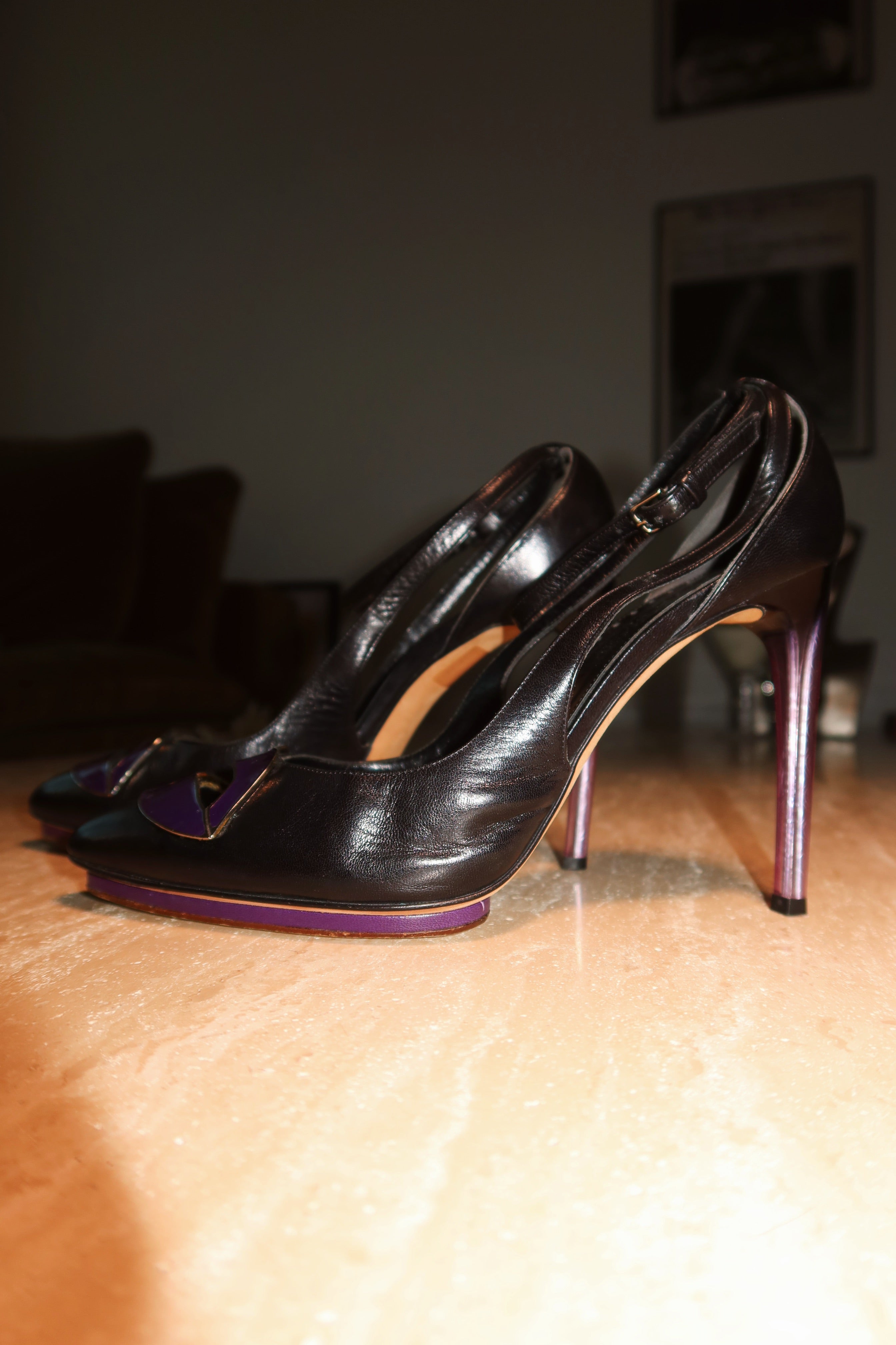 Vintage Yves Saint Laurent Tom Ford Era Black Leather Ankle Strap Lip Heels