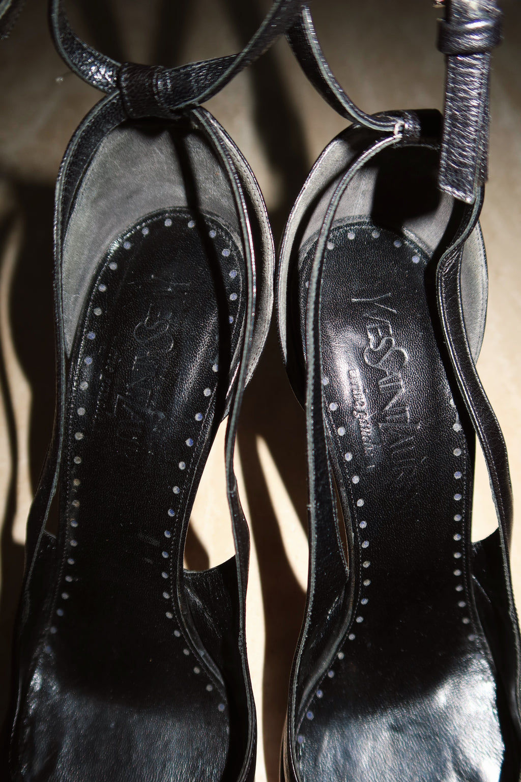 Vintage Yves Saint Laurent Tom Ford Era Black Leather Ankle Strap Lip Heels